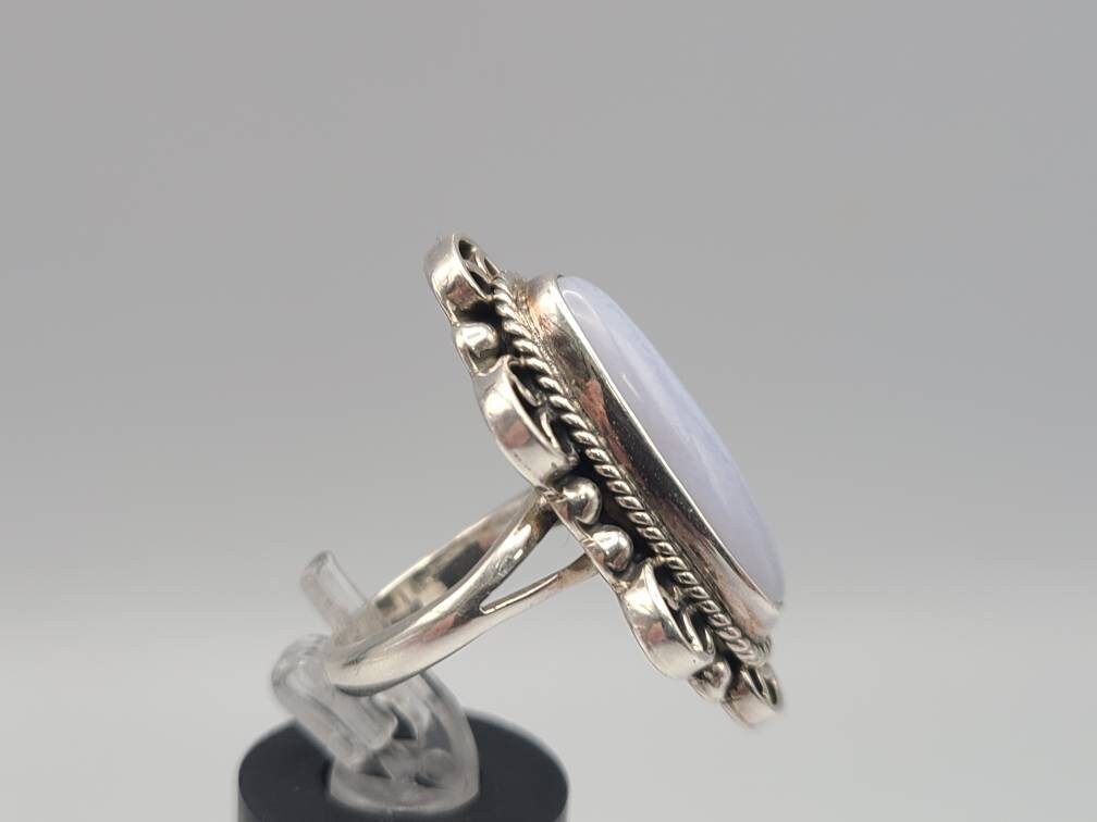 Vintage CII Lace Agate Ring: 925 Sterling Silver - Ornate Oblong