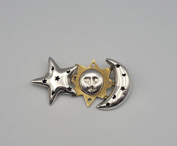 Vintage Sun Moon and Star Brooch: 925 Sterling Si… - image 4