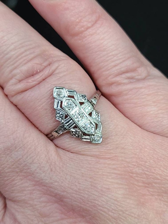 Art Deco Diamond Ring in 14k White Gold, .14ct. T… - image 6