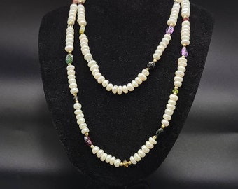 Multi-gem Pearl Necklace, 14k Yellow Gold, Pearl Necklace, Amethyst, Tourmaline, Citrine, and Garnet, Vintage Estate Jewelry, w#1091