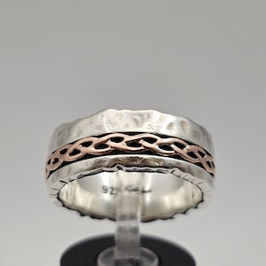 Designer Keith Jack Wide Hammered Celtic Design Ring 925 Sterling Silver and 10kt Gold, Estate Jewelry, Size 8.75, w#975