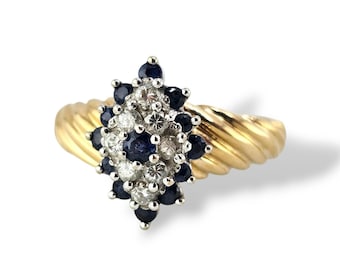 Vintage 14k Gold Sapphire and Diamond Cluster Ring | Size 7.5 | Appraised