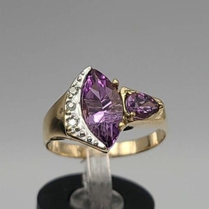 Vintage 10k Yellow Gold Marquise Amethyst Diamond Ring, Size 7.5, Estate Jewelry, w#361