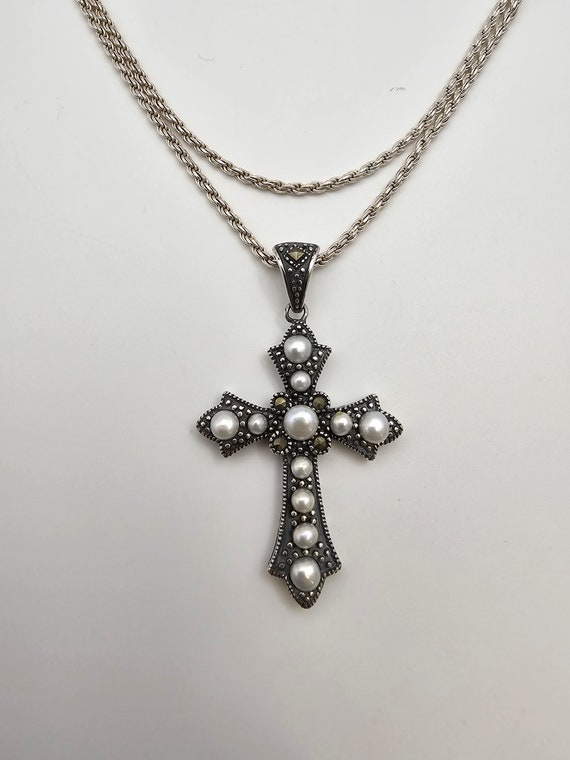 Marcasite and Pearl Cross Necklace in 925 Silver,… - image 1