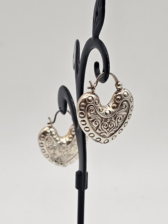 Ornate Scroll Textured Heart Hoop Earrings in 925 