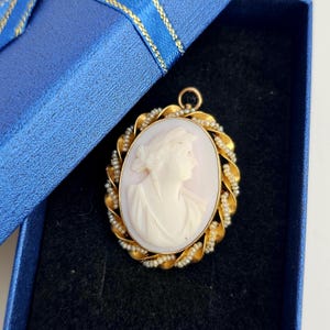 Puede incluir: Un colgante de camafeo ovalado con el perfil blanco tallado de una persona sobre un fondo rosa pálido. La pieza central está enmarcada por un borde de metal dorado trenzado, acentuado con pequeñas perlas de semilla blancas y una argolla.