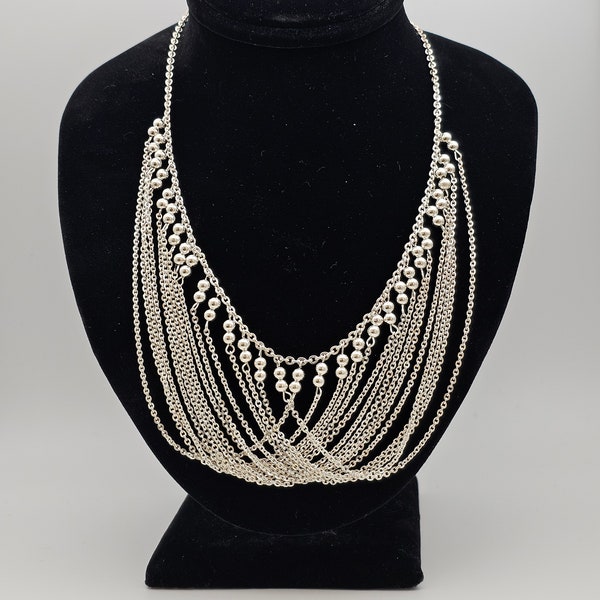 Chain and Ball Drape Necklace in 925 Silver, Waterfall Necklace, Vintage Estate Jewelry, w#3770