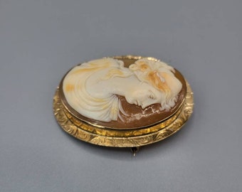 Broche Vintage Or Avec Camée - Buste De Femme Gravé, Bon état