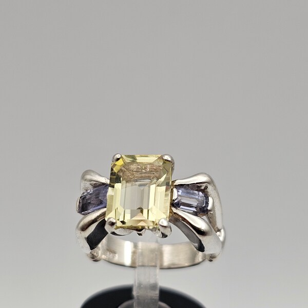 Iolite and Citrine Ring in 925 Silver, 3.15ct. Emerald Cut Citrine, November Birthstone Ring, Vintage Estate Jewelry, Size 5.75, w#3258