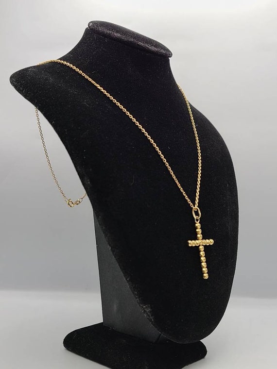 Gold Bead Cross Necklace, 14kt Yellow Gold, Vinta… - image 3