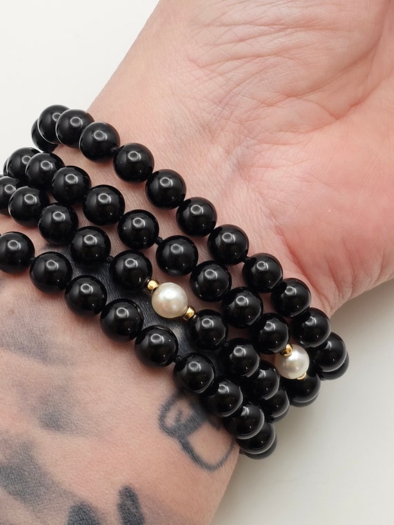 Vintage 14k Yellow Gold Beaded Black Onyx Pearl Necklace
