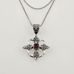 Vintage 925 Sterling Silver Garnet Cross Necklace January Birthstone Estate Jewelry Gift, w#744