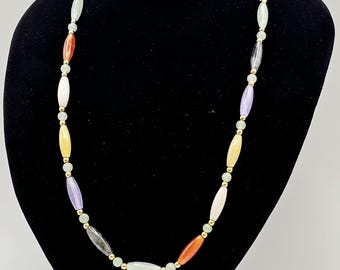 Vintage Elongated Colorful Jade Necklace - 14k Yellow Gold - Estate Jewelry