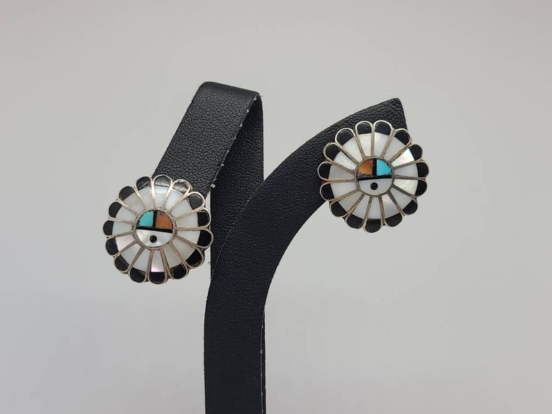 Vintage Zuni Inlaid Mother of Pearl and Spinney Oyster Sterling silver Clip on Earrings Item w#1739 Onyx