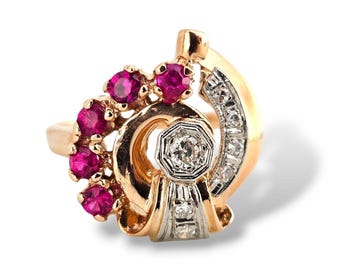 Vintage Synthetic Pink Stone and Diamond Ring | 14k Rose Gold | Size 8.5 | Estate Jewelry
