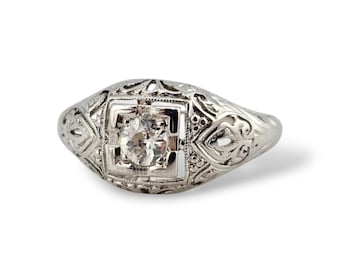 Vintage 18k White Gold Old Mine Cut Diamond Ring - Size 6 - Appraised - Estate Jewelry