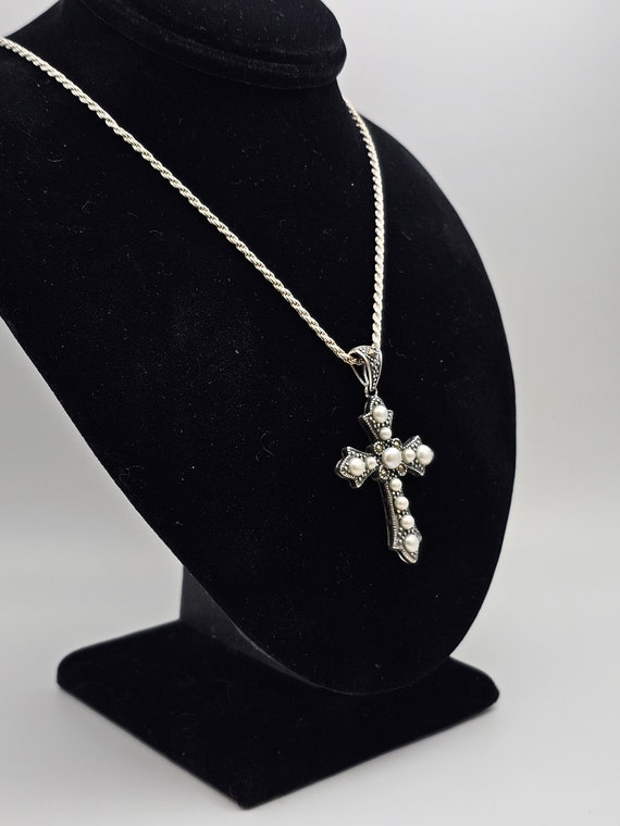 Marcasite and Pearl Cross Necklace in 925 Silver,… - image 4