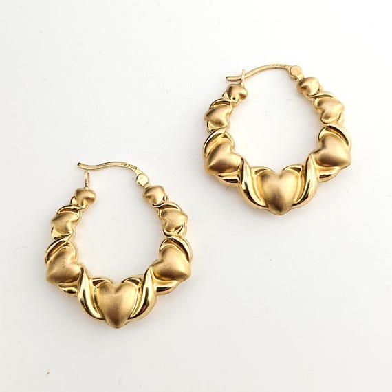 Vintage Heart Hoop Earrings 14K Yellow Gold - Estate Jewelry