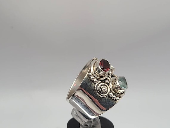 Wide Multi-gem Ring, 925 Silver, Garnet, Blue Top… - image 4