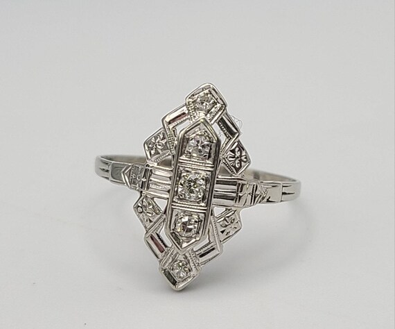 Art Deco Diamond Ring in 14k White Gold, .14ct. T… - image 2