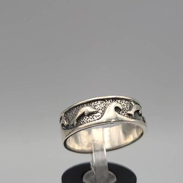 Dolphins Ring, 925 Silver Dophin Band Wide Silver Band, Size 8 Item w#1306