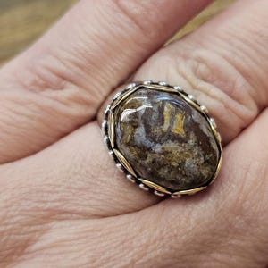 K&ouml;nnte beinhalten: Ein silberner Ring mit einem goldenen Band und einem braunen und wei&szlig;en ovalen Edelstein.