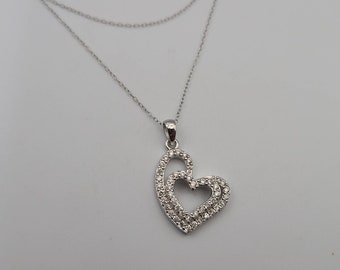 Cubic Zirconia Heart Necklace, 925 Silver, April Birthstone, Vintage Estate Jewelry, Gift for Her, Item w#2408