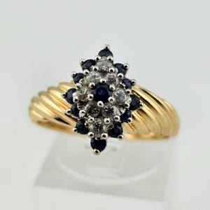 Vintage Sapphire Diamond Cluster Ring 14k Yellow Gold Marquise Shaped Ring, Size 7.5, Appraised Estate Jewelry, W#2310