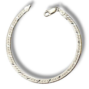 May include: A silver-toned herringbone chain bracelet with a textured, shimmering finish. The bracelet features a polished lobster claw clasp and a small metal tag stamped with 925 and ITALY, indicating its sterling silver composition.