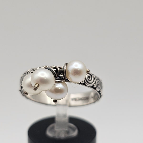 Pearl Cha Cha Ring in 925 Silver, Designer Saurti, Vintage Estate Jewelry, June Birthstone, Size 10, w#1306
