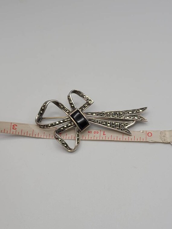 Marcasite and Onyx Bow Pin, 925 Silver, Marcasite… - image 6