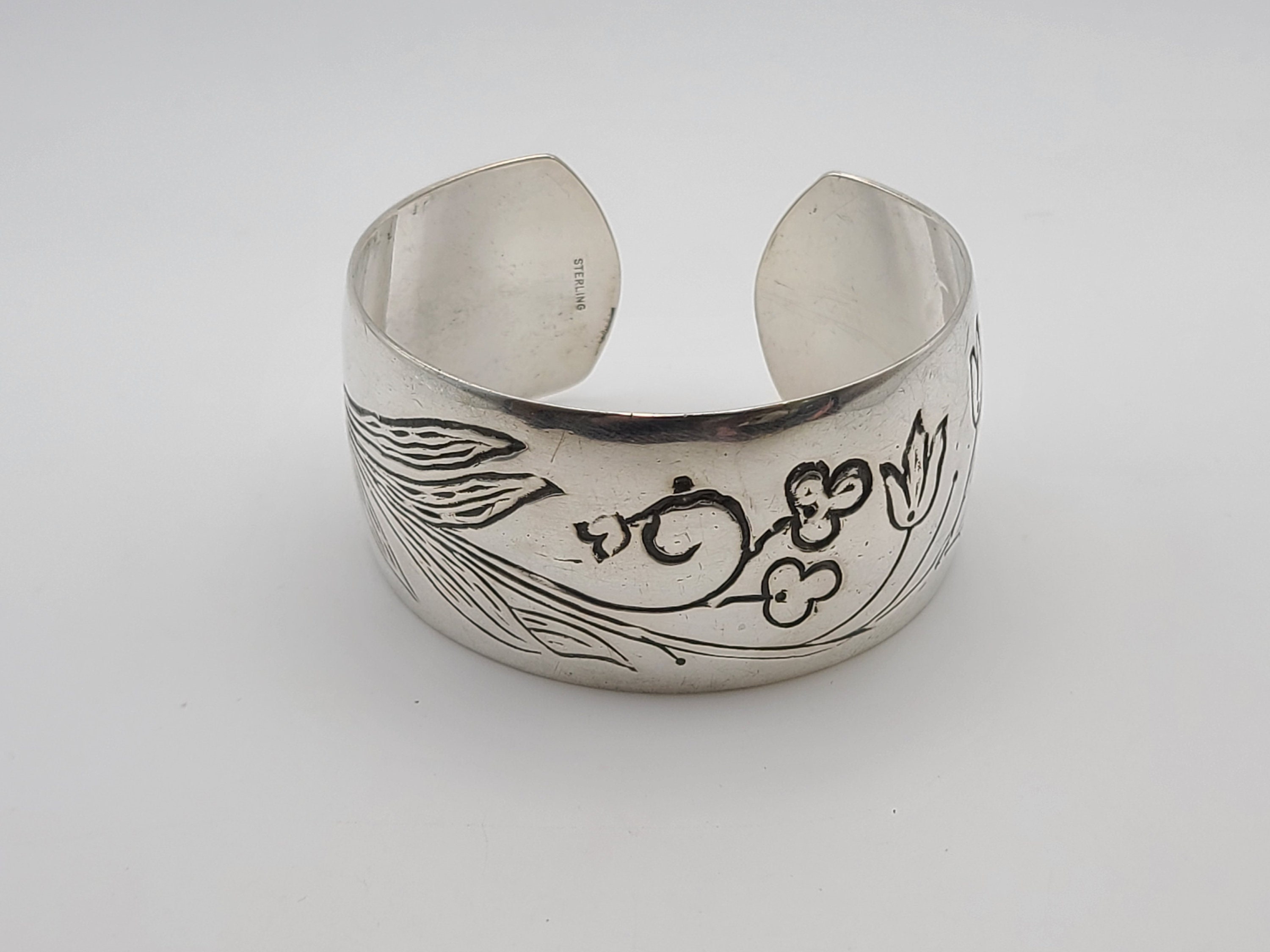 Vintage Floral Etched Wide Cuff Bracelet - 925 Sterling Silver