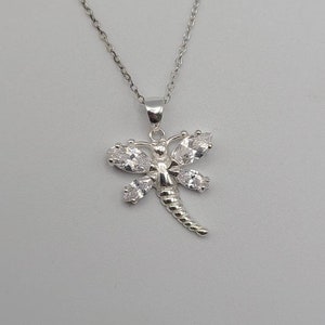 925 Sterling Silver Cubic Zirconia Dragonfly Necklace CZ April Birthstone Necklace, Estate Jewelry, w#2562