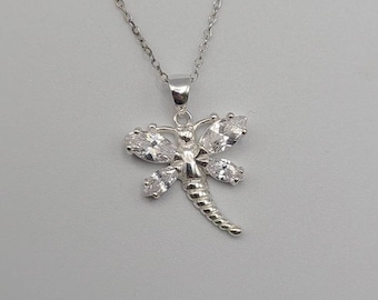 Dragonfly Necklace - 925 Silver Cubic Zirconia Necklace - CZ Dragonfly Necklace - Retro Jewelry | Unique Gift for Her, Item w#2562