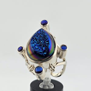 Unique Vintage Indonesian 925 Silver Deep Blue Iridescent Druzy Ring, Artist Signed CL, adjustable size, w#3615