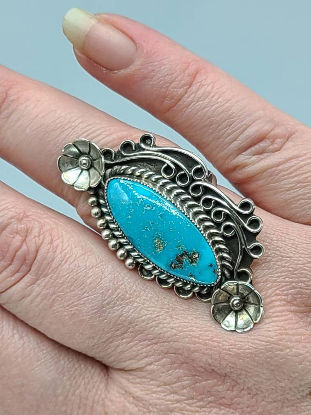 Navajo Vintage Native American Sterling Silver Turquoise Ring Signed AC  Size 5.5