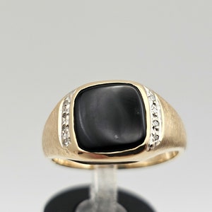 Black Onyx and Diamond Ring 10k Yellow Gold, Geometric Onyx Ring, Vintage Estate Jewelry, Size 9.5, W#3140