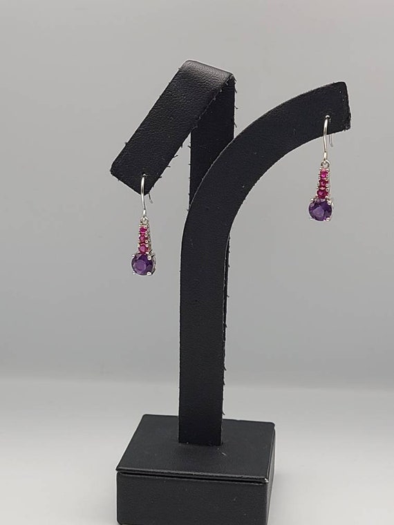 Pink Cubic Zirconia and Amethyst Earrings, 925 Si… - image 2