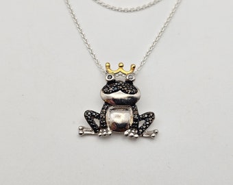 Frog Prince Necklace, 925 Silver, Gold Vermeil Accents, Frog Jewelry, Gift for Princess, Estate Jewelry, w#3571