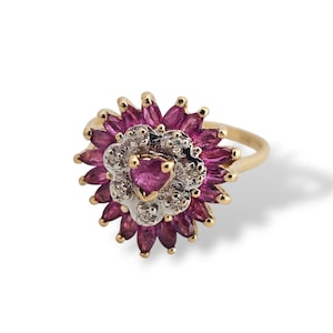 Vintage Ruby and Diamond Heart Ring - 14k Yellow Gold - Size 6 - Estate Jewelry