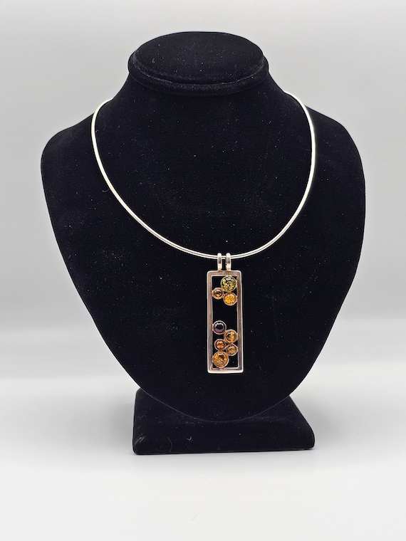 Framed Bezel Set Baltic Amber Pendant Necklace in 