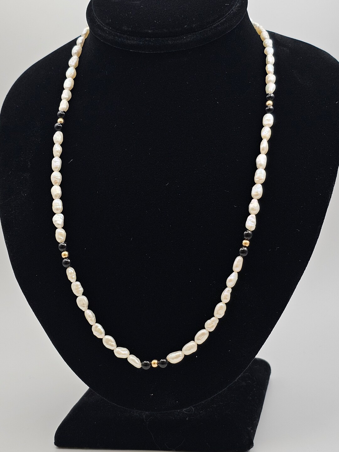 ネックレス・ペンダント Pearl with Onyx Beads Necklace #7733 Vintage 14k Yellow Gold Beaded Black Onyx Pearl Necklace