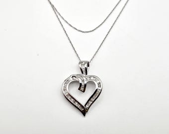 Vintage Diamond Heart Necklace - 10k White Gold - Estate Jewelry