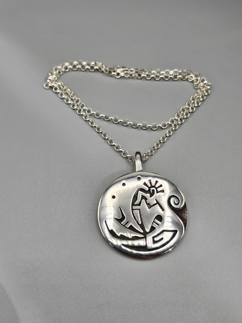 Sterling Silver Kokopelli Necklace, Artisan Signed Lester Poseyesva