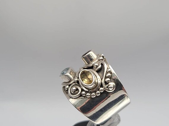 Wide Multi-gem Ring, 925 Silver, Garnet, Blue Top… - image 3