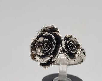 Sculpted Rose Ring, 925 Silver, Double Flower Ring, Floral Jewelry, Vintage Ring, Estate Jewelry, Size 6.5, Item w#3588