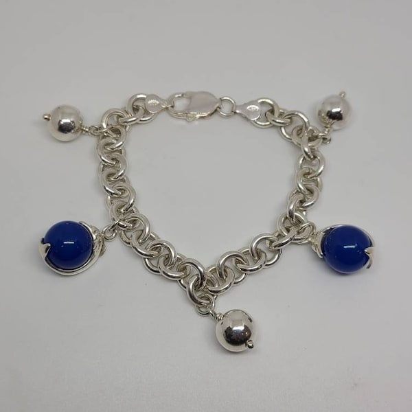 Blue Agate Dolphin Charm Bracelet, 925 Silver Dolphin Bracelet, Vintage Estate Jewelry, Item w#1411