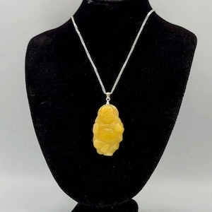 Nephrite Jade Buddha Necklace 925 Sterling Silver Carved Jade Necklace, Estate Jewelry, w#2599