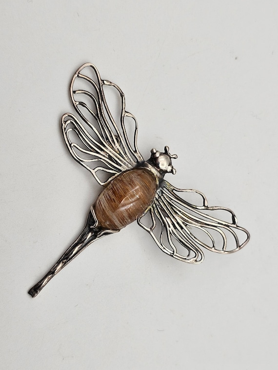 Rutilated Quartz Dragonfly Pin, Sterling Silver, I