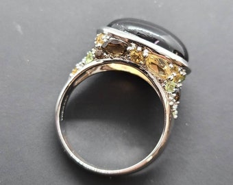 Vintage Multi-gem Smoky Quartz Ring 925 Sterling Silver Designer